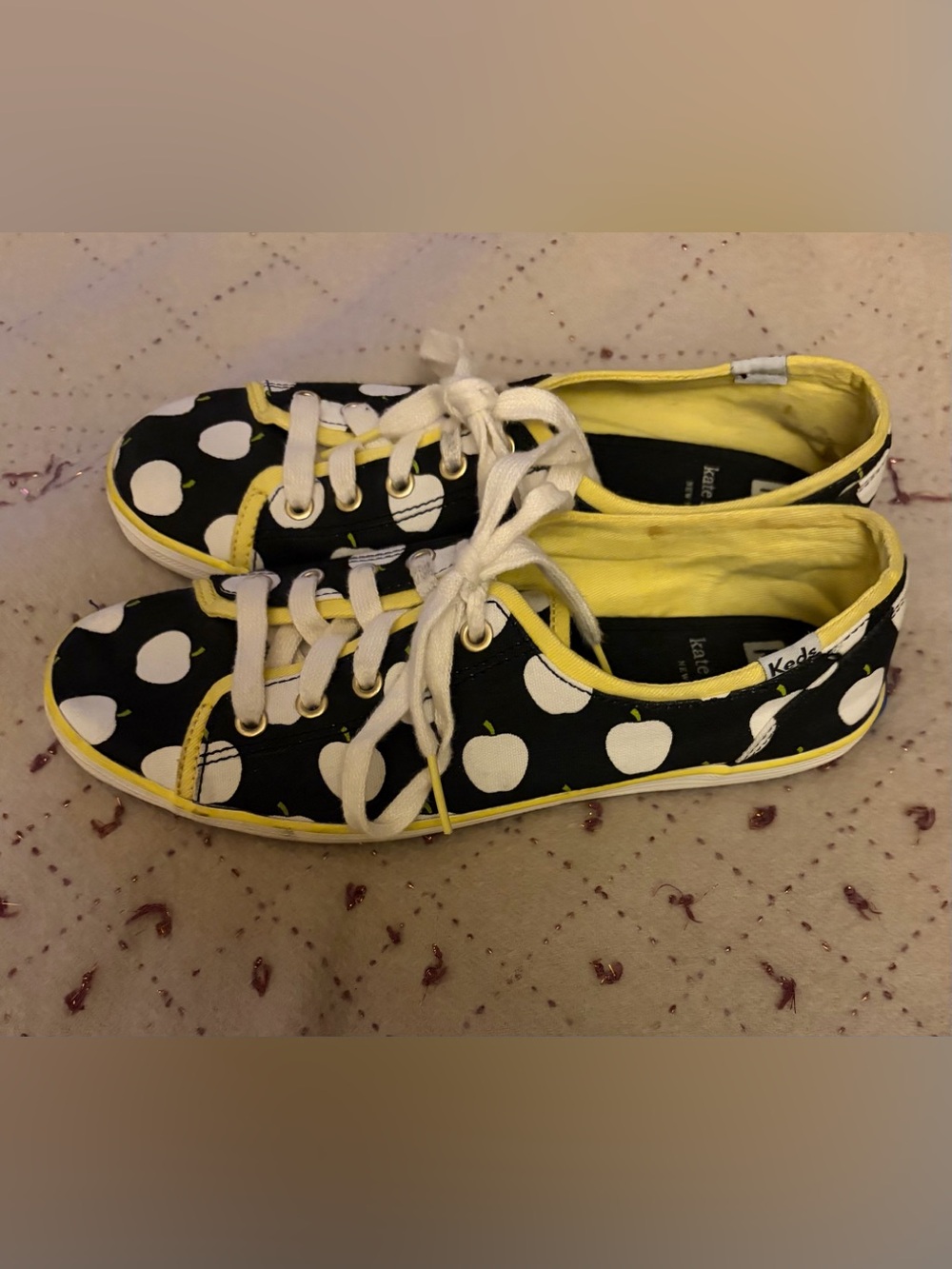 Keds Kate Spade Apple Canvas Sneakers with White Apple Print and Yellow Trim